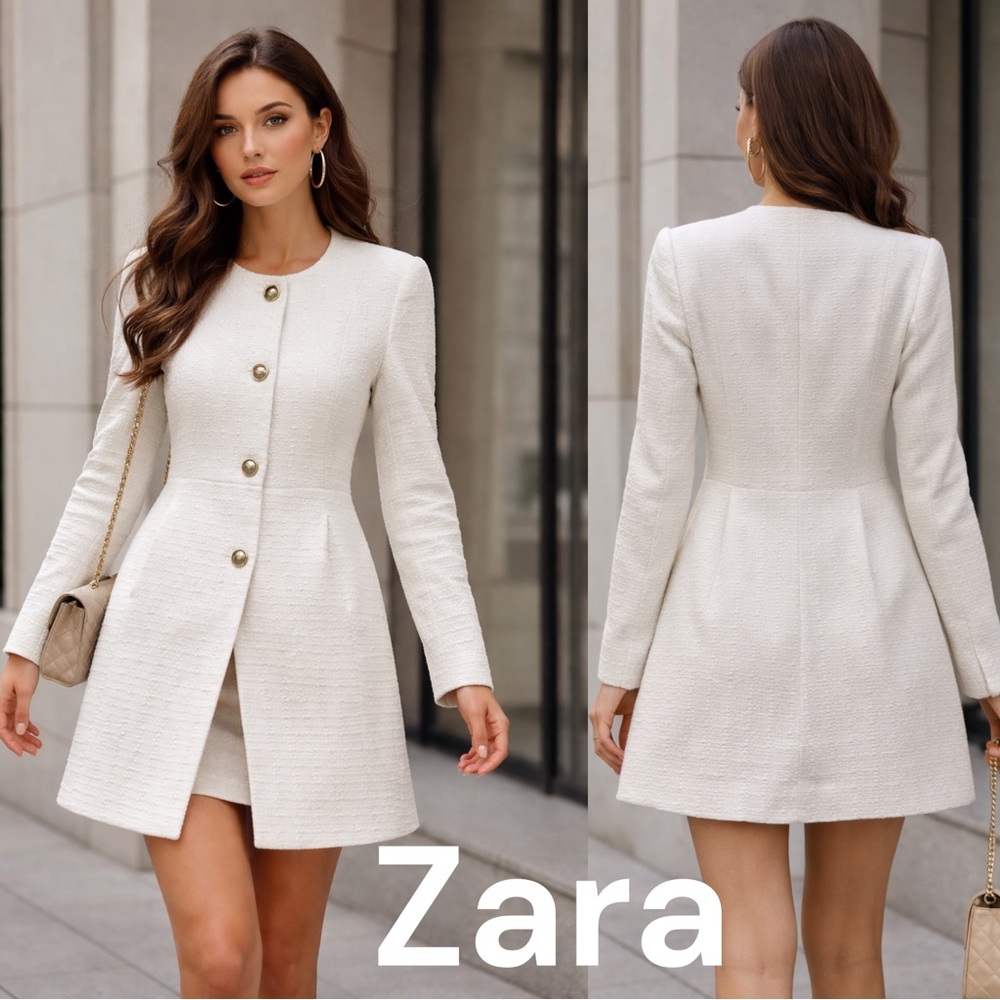 ZARA White Textured Coat Dress Jacket Women Size L Elegant Button Front Blazer - Picture 1 of 11